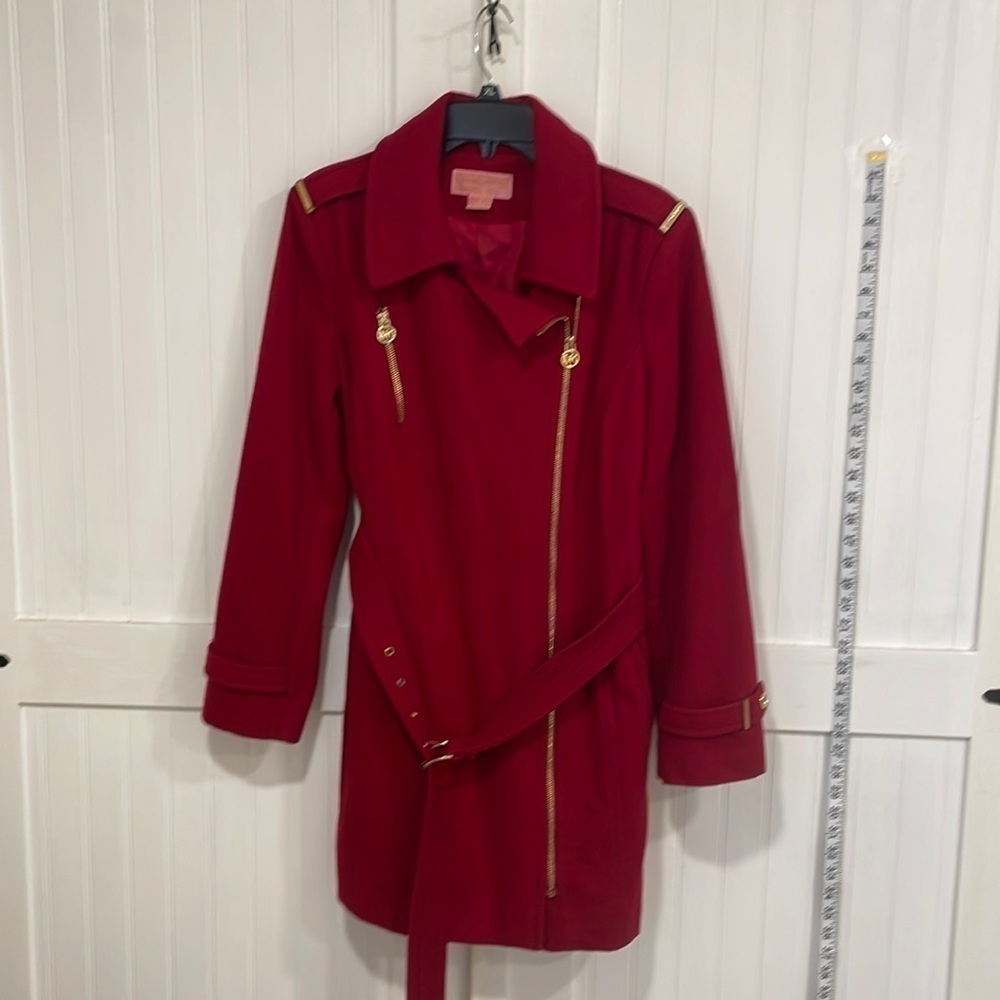 MICHAEL Michael Kors Red Wool-Blend Pea Coat with Gold Hardware